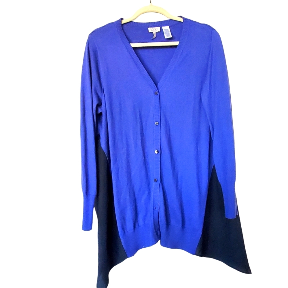 Logo swing knit tunic button down blue sweater